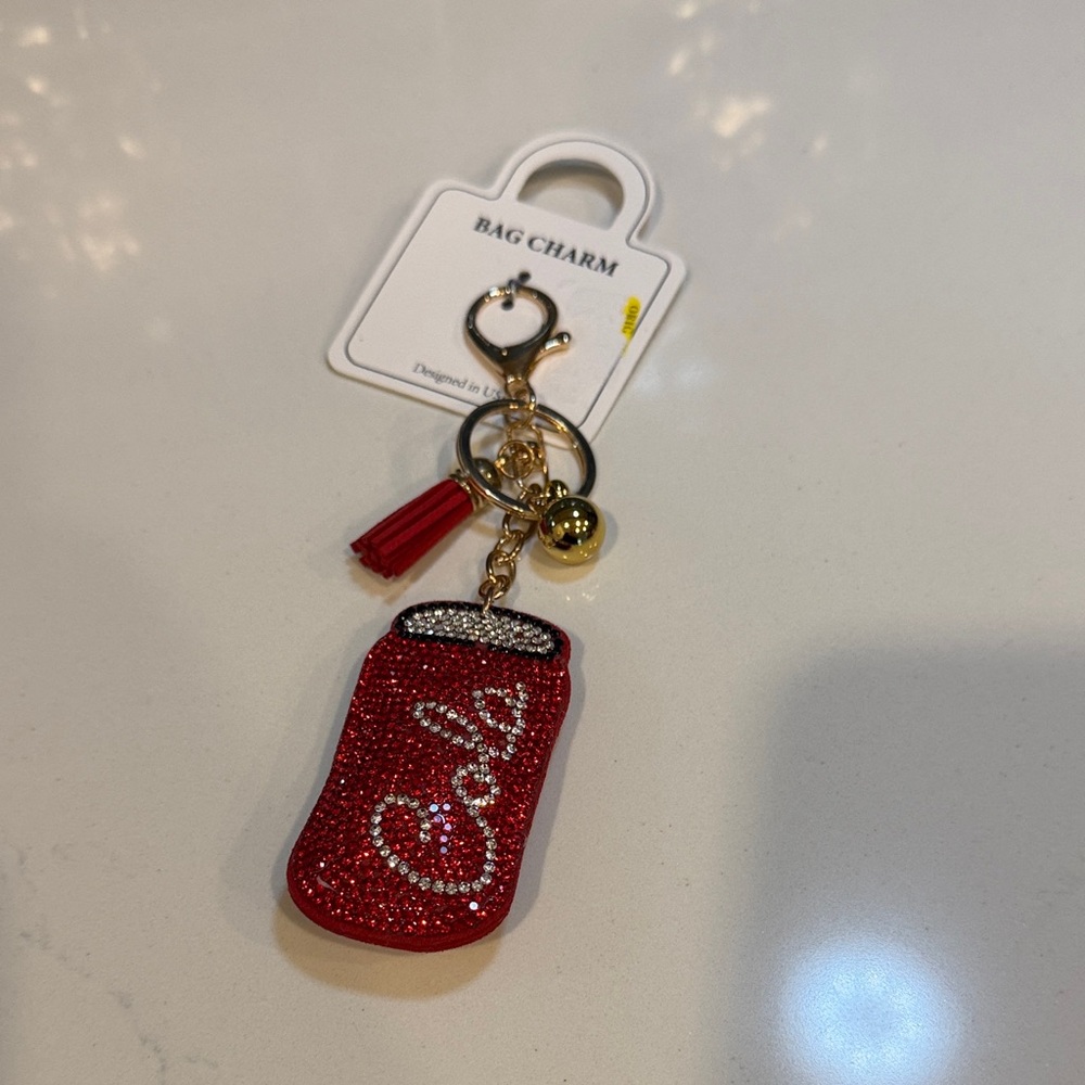 Cola Red Can bag charm with Gold Accents. Sequins